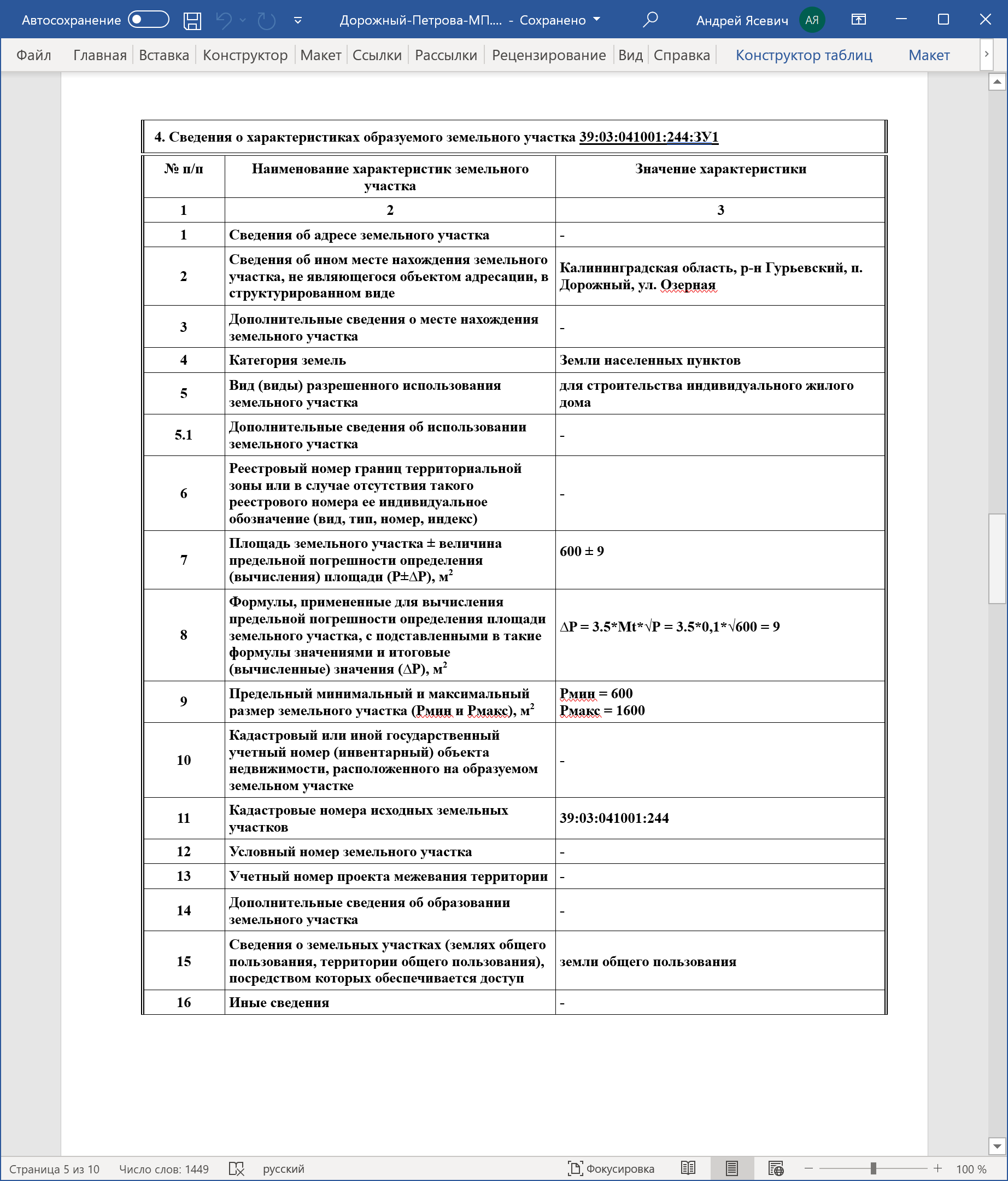 Фрагмент сформированного межевого плана в Microsoft Word.